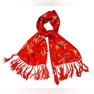 Vintage Silk Red Floral Rectangle Scarf with Fringe